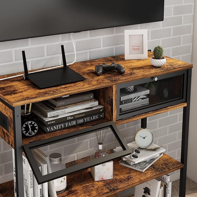 SOOWERY Console Table with Charging Station, 32'' Entryway Table with Doors, Sofa Table Narrow Long with 3 Tiers Open Wood Storage Shelves, for Living Room, Entryway, Foyer, Rustic Brown