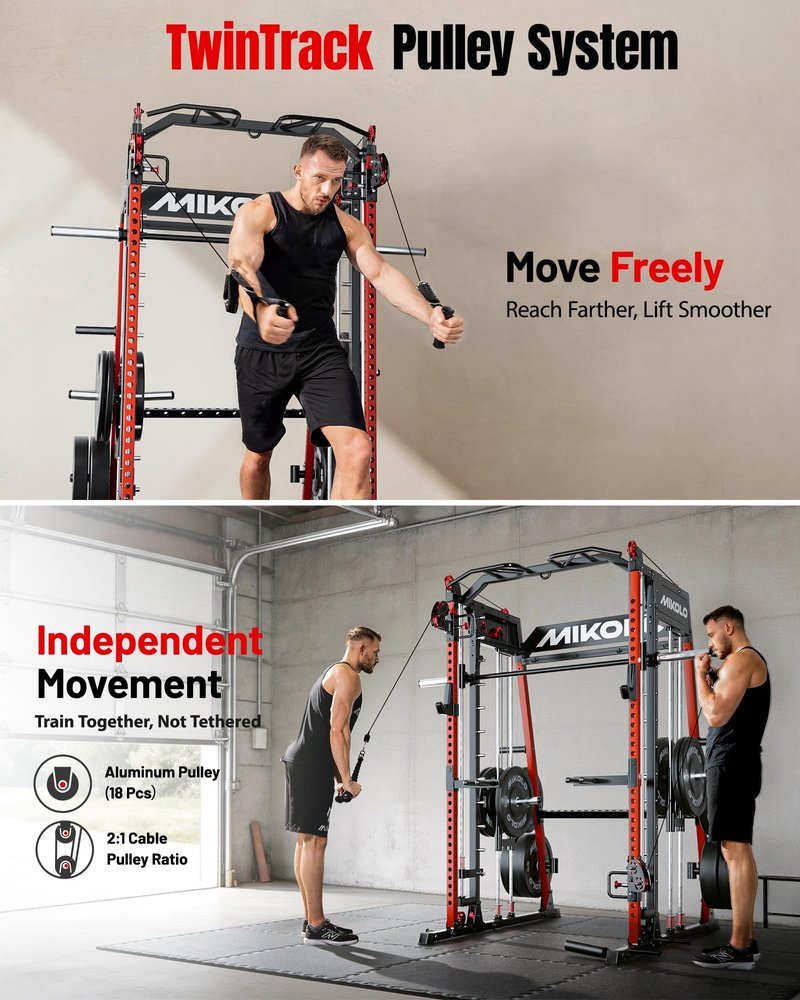Mikolo M4 2.0 Ultra Smith Machine, Multi-Function Squat Rack with LAT-Pull Down System & Cable Crossover Machine, Training Equipment with Leg Hold-Down Attachment, Red