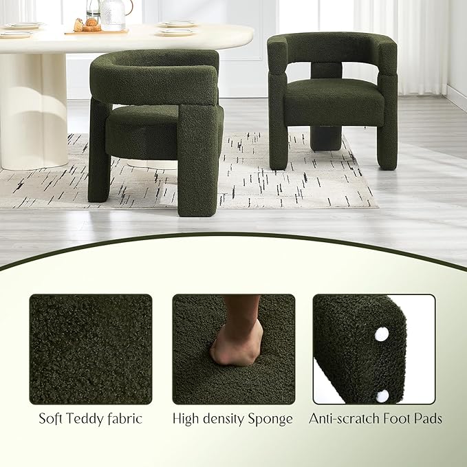 Sherpa Barrel Dining Chair, Upholstered Boucle Accent Kitchen Chairs with Arms, Comfy Faux Fur Side Chair Modern Armchair for Dining Room, Bedroom, Home Office, Green