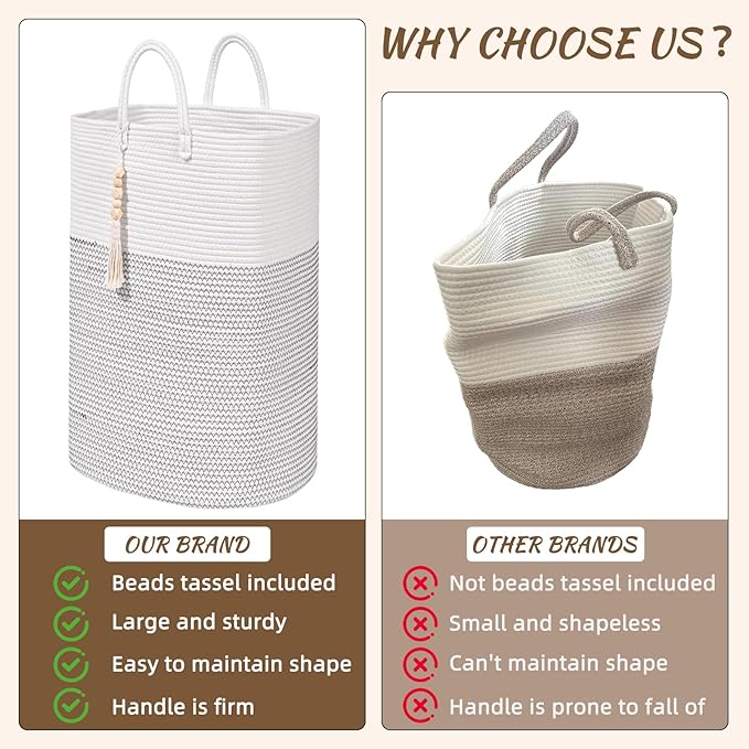 Woven Laundry Basket for Clothes, 100 L Large Rectangle Laundry Hampers with Beads Tassel, Nursery Storage Basket for Toys, Tall Dirty Clothes Hamper for Bedroom Aesthetic, Laundry Room Organization