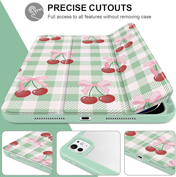 DONGKE for iPad Pro 11-Inch Case (M5 2025 / M4 2024) 6th/5th Generation [Auto Sleep/Wake &amp Pencil Pro Holder] Clear Acrylic Back Smart Trifold Stand Cover Bear &amp Cherry