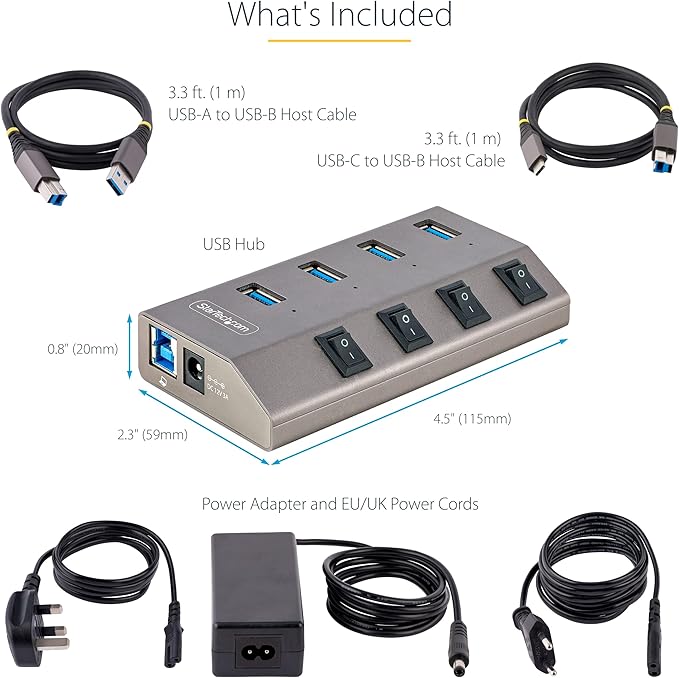 StarTech 4-Port Self-Powered USB-C Hub with Individual On/Off Switches, USB 3.0 5Gbps Expansion Hub w/Power Supply,Desktop/Laptop USB-C-USB-A Hub, USB Type C Hub w/BC 1.2(5G4AIBS-USB-HUB-EU),SpaceGray