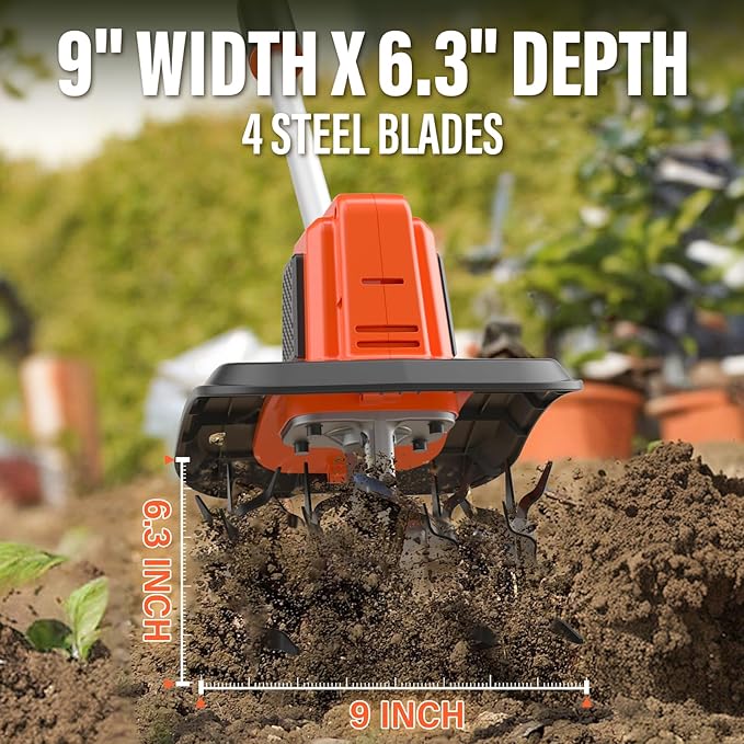 MAXLANDER 20V Cordless Tiller Cultivator, 9-Inch Electric Garden Tiller with 48 Steel Tines, 360RPM Battery Powered Rototiller for Gardening, 4.0Ah Battery and Charger Included