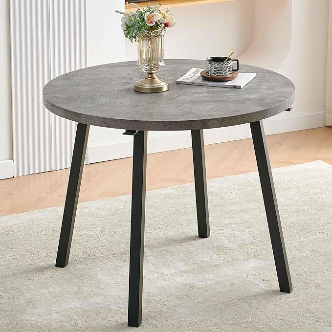 5-Pieces Kitchen Dining Table Set for 4, Grey Round Table MDF with 4 Metal Hooks for Hanging, Modern Dining Room Table Set with 4 Seated Green Boucle Dining Chairs for Dining Room, Cafe