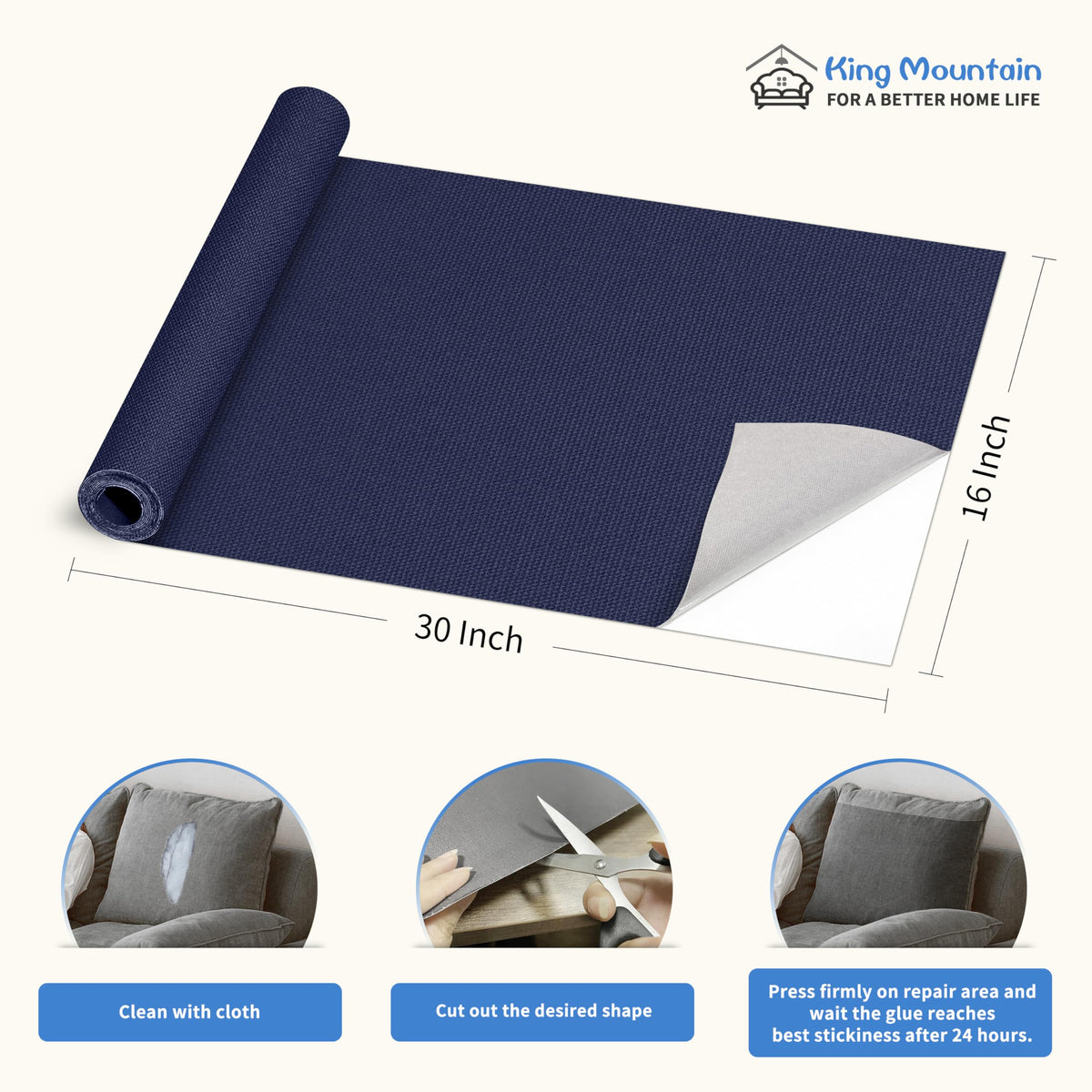 KING MOUNTAIN Canvas Repair Patch 16×30 Inch Self-Adhesive Waterproof Fabric Patch for Sofas, Tents, Furniture,Tote Bags, Car Seats (Dark Blue)
