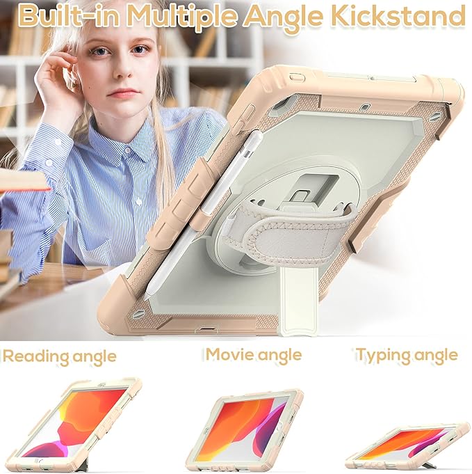 BLOSOMEET Girls Cute Case for iPad 9th Generation 2021 10.2 Inch with Tempered Glass Screen Protector & Pen Holder,KidsProof iPad 8th/7th Gen 2020 2019 Cover w/Kickstand Handle Shoulder Strap,RoseGold