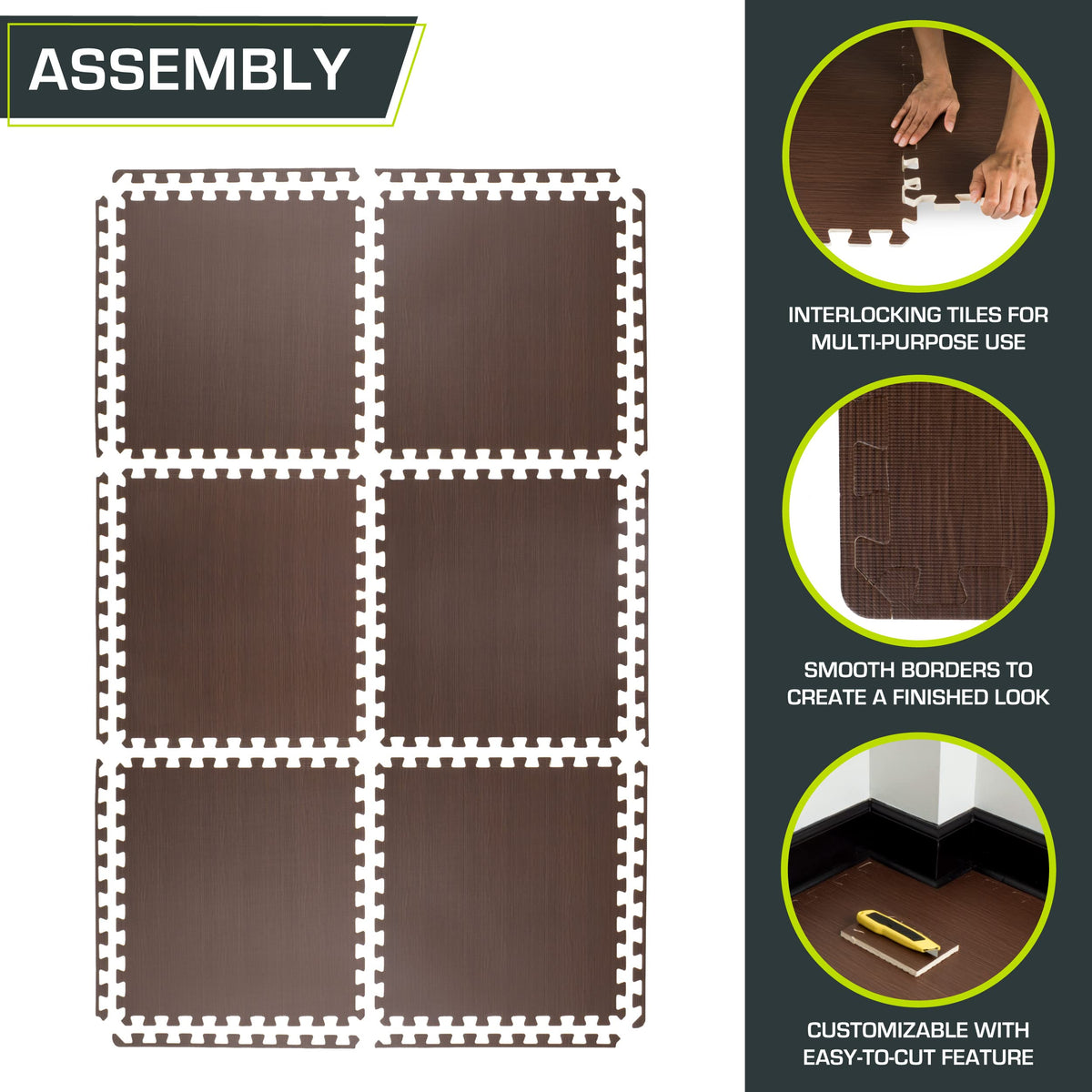 ProsourceFit Wood Grain Puzzle Mat ½-inch, 6 EVA Foam Interlocking Floor Tiles (24 SQ FT) for Secure Indoor Gym Flooring, Office Spaces, Living Rooms, and Play Areas, Dark Walnut