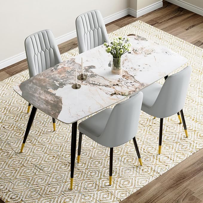 Modern Dining Table Set for 4, 62'' Sintered Stone Dining Table Set for 4, 4 Chair Kitchen Table Set, Easy to Assemble