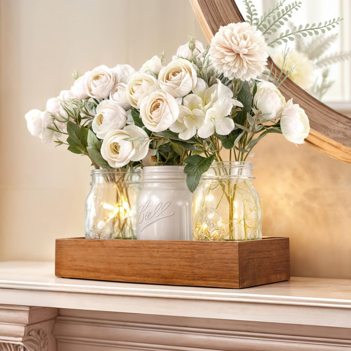 LIOZLIOLY Dining Mason Jar Lights Centerpiece Table Decorations for Dining Room Farmhouse Coffee Table Decor with Wood Tray, 3 Jars Artificial Flowers and Led Light for Kitchen Living Room(White)