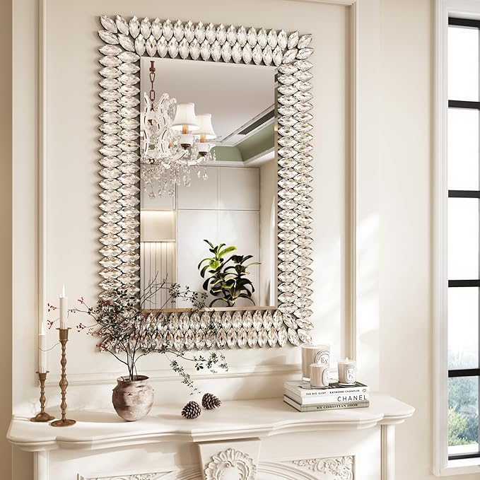 Kelly Miller Jeweled Luxury Bathroom Mirror for Wall, 24"x36" Rectangle Wall Mirror Decorative Mirror Vanity Mirror with Diamonds for Master Bath Half Bath Living Room Bedroom Fireplace Mantle Hallway