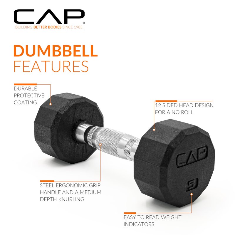 CAP 5 LB 12-Sided Rubber Coated Dumbbell Weight, Rubber Free Weights for Home Gym Strength Training, Chrome Handle, Single