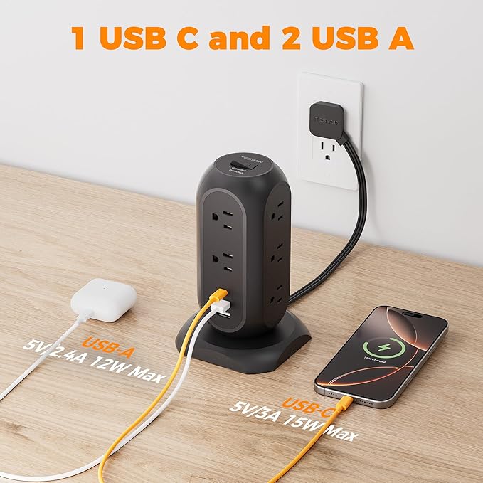 Surge Protector Power Strip Tower, TESSAN 10 Ft Flat Plug Extension Cord with 11 Outlets 3 USB (1 USB C), 1050J Protection, Desk Charging Station for Home, Office, Dorm Room Essentials, Black
