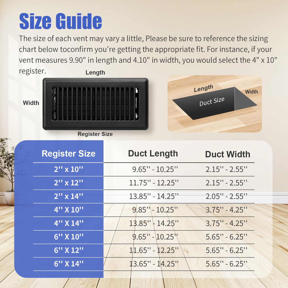 Floor Register Fits 6x12 and 12x6 Duct Opening - Heavy Duty Walkable Floor Vent Covers 4 Pack - High Airflow Adjustable HVAC Air Vent - Steel Rust-Proof Finish Vent Covers for Home & Office - Black