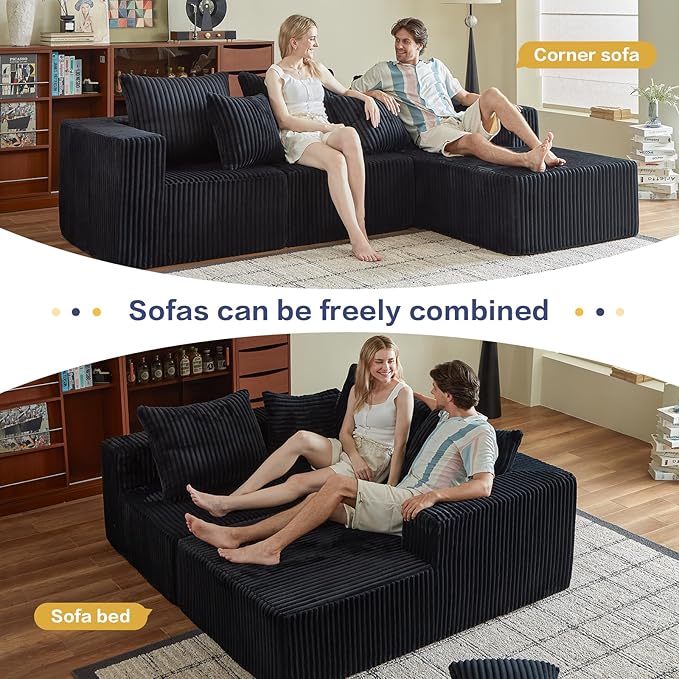 Boneless Sectional Sofa, 100.7" Cloud Sofa with Wide-Wale Corduroy, Deep Seat L Shaped Couch, All-Foam Filled Compressed Couch for Living Room (Black, Corduroy)