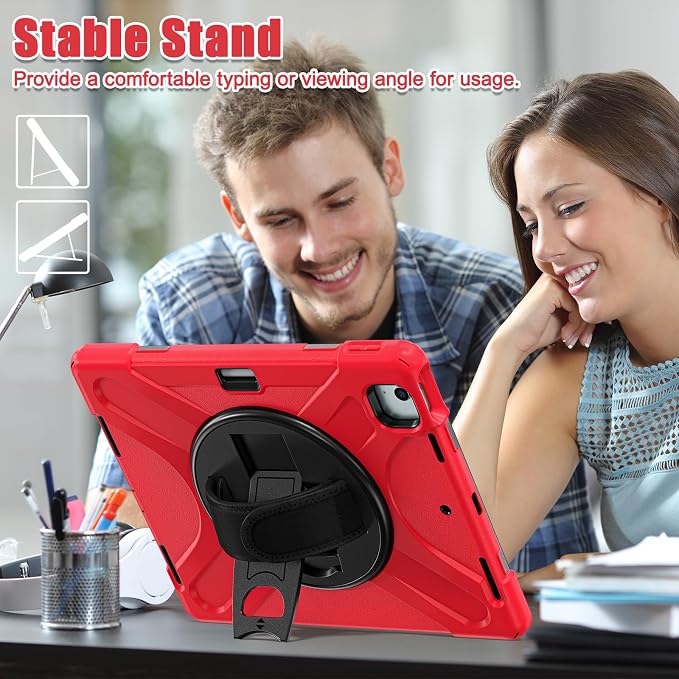 Batianda VortiGrip Case for iPad Air 11 M2/M3/M4 2024-2026 Colorful Blue | Heavy Duty Triple-Layer Rugged Case with 360° Rotating Hand Strap Foldable Hidden Stand Shoulder Strap and Pencil Holder