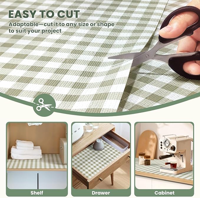 Drawer Liner and Shelf Liner for Kitchen Cabinet Liner Non-Adhesive Non-Slip Shelf Paper, Thick Strong Grip Waterproof Easy to Clean for Shelves, Cupboard, Desks, Green Plaid Pattern, 23.6 in x 30 FT
