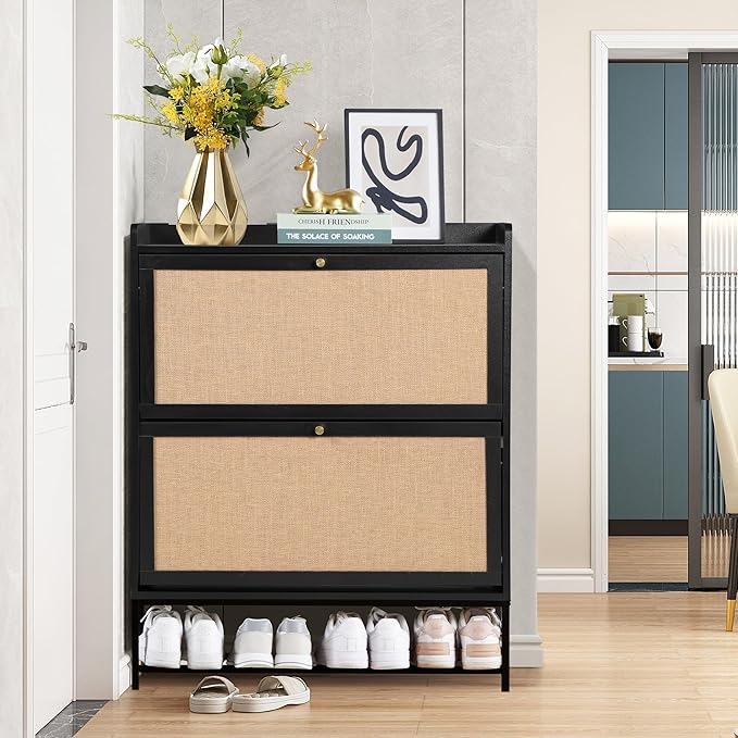 LEVNARY Shoe Storage Cabinet with 2 Flip Drawers, Wooden Narrow Shoe Cabinet Storage for Entryway, Freestanding Shoe Rack Organizer Cabinet with Metal Legs for Hallway (1, Black)