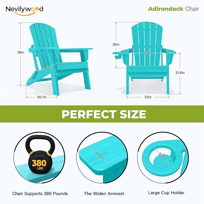 nevilywood Folding Adirondack Chair with Cup Holder Set of 4, HDPE Patio Chairs,All-Weather Outdoor Chairs for Backyard, Deck,Fire Pit-Aruba
