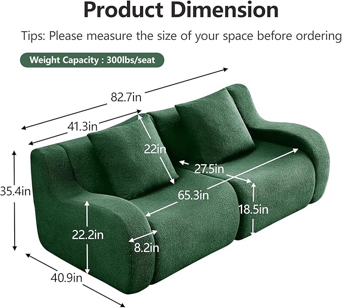 Green Cloud Couch Loveseat, Modern Teddy Fabric Boneless Sectional Sofa in a Box for Living Room, Modular Floor Couch, No Assembly Required, Sofas para Sala