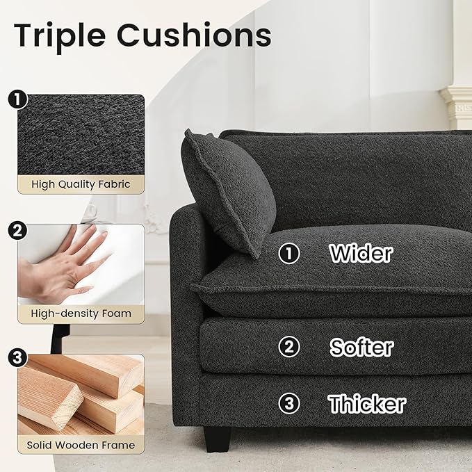 ROWHY Modular Loveseat Sectional Sofa, 78" Upholstered Loveseat, 2 Deep Seat Sofa Couch with 2 Throw Pillows for Small Space, Modern Comfy Cloud Couch for Living Room, Chenille, Charcoal Grey