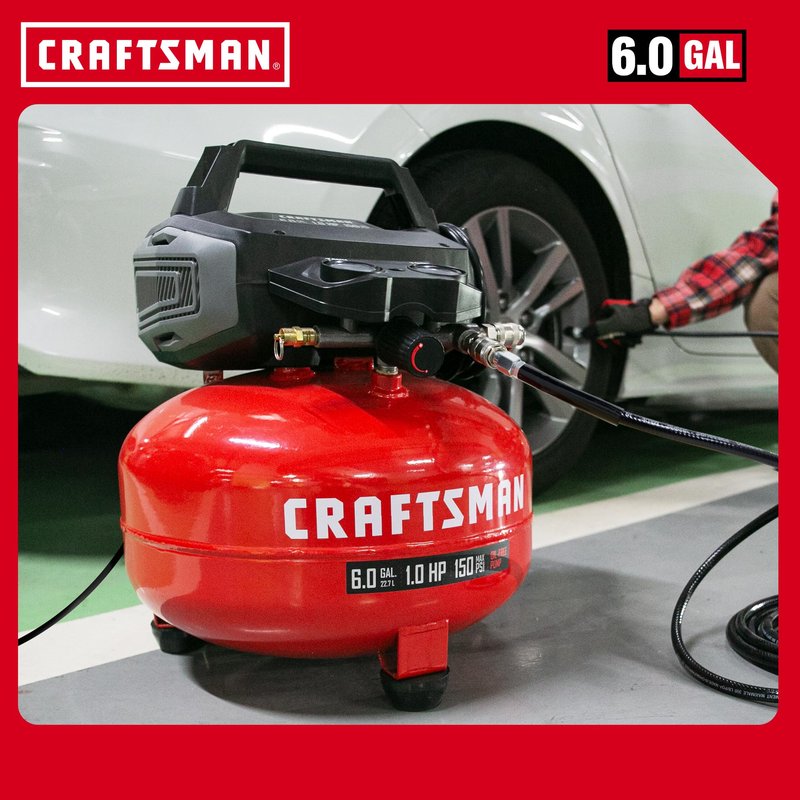 CRAFTSMAN 6 Gallon Pancake Air Compressor with 18GA Brad Nailer, Portable Oil-Free, 150 PSI, 2.6 SCFM @ 90 PSI, 10-Piece Accessory Kit, Model CMXECXA0210641D