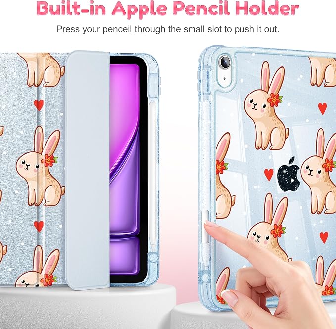 for iPad Air 11 inch M4/M3/M2 (2026/2025/2024) iPad Air 5th/4th Gen (2022/2020) 10.9 inch with Pencil Holder Glitter Clear Pretevtive Cover Auto Wake/Sleep Black Cartoon Stickers