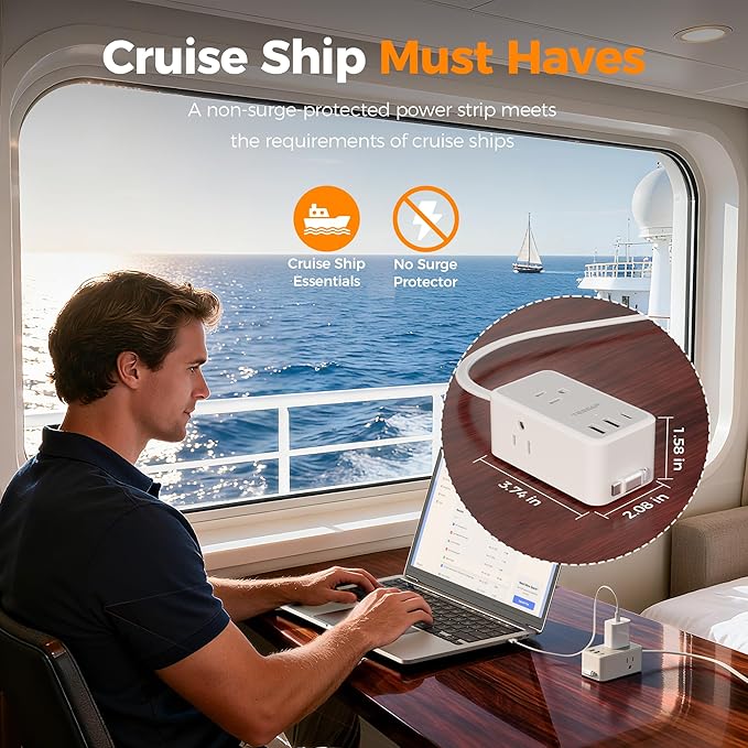 TESSAN Small Flat Plug Power Strip with 1 PD20W Retractable USB C Cable, Ultra Thin Extension Cord with 3 AC Outlets 3 USB Ports, 5 ft Slim Plug for Cruise Ship Travel, Dorm, Home Office