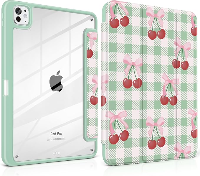 DONGKE for iPad Pro 11-Inch Case (M5 2025 / M4 2024) 6th/5th Generation [Auto Sleep/Wake &amp Pencil Pro Holder] Clear Acrylic Back Smart Trifold Stand Cover Bear &amp Cherry