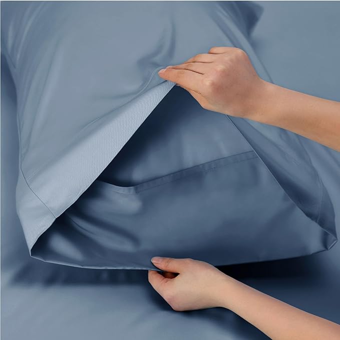 Bedsure Cooling Sheets Twin XL, Rayon Derived from Bamboo, Breathable & Soft Twin XL Sheet Sets, Deep Pocket Up to 16 Inches, Hotel Luxury Silky Dorm Bedding for Hot Sleepers, Dusty Blue