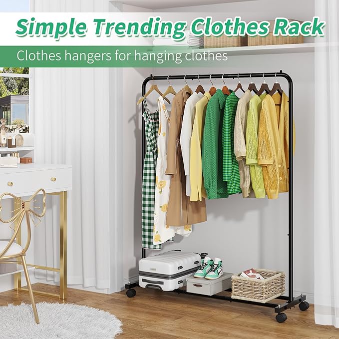 Simple Trending Standard Clothes Clothing Garment Rack with Storage Shelves, Rolling Clothes Organizer on Wheels for Hanging Clothes, Black