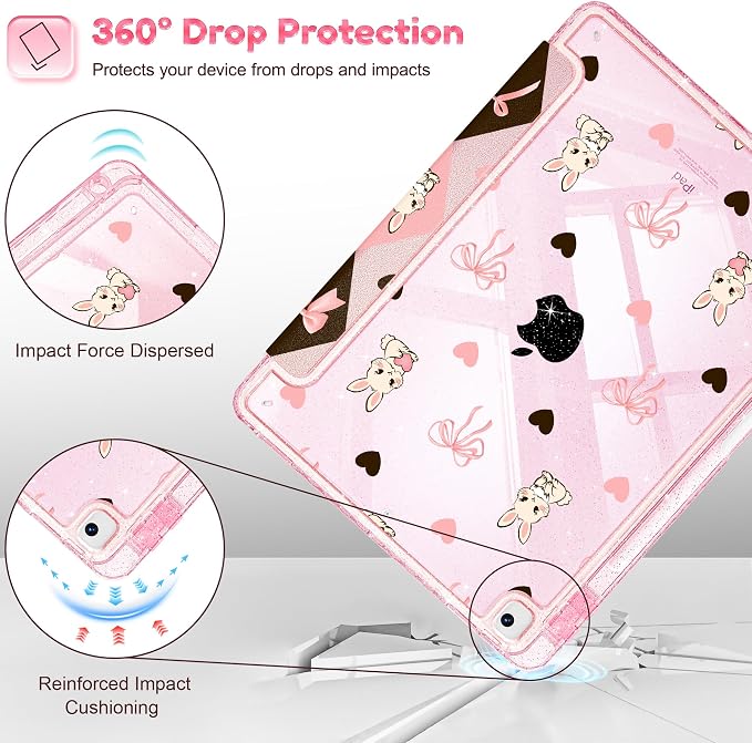 Mektron Sparkly Case for iPad 10.2 inch Glitter Tablet Cases for iPad 9th Gen 2021/8th Gen 2020/7th Gen 2019 Cover with Shiny Clear Back Shell Foldable Bling Smart Cover Blue Floral