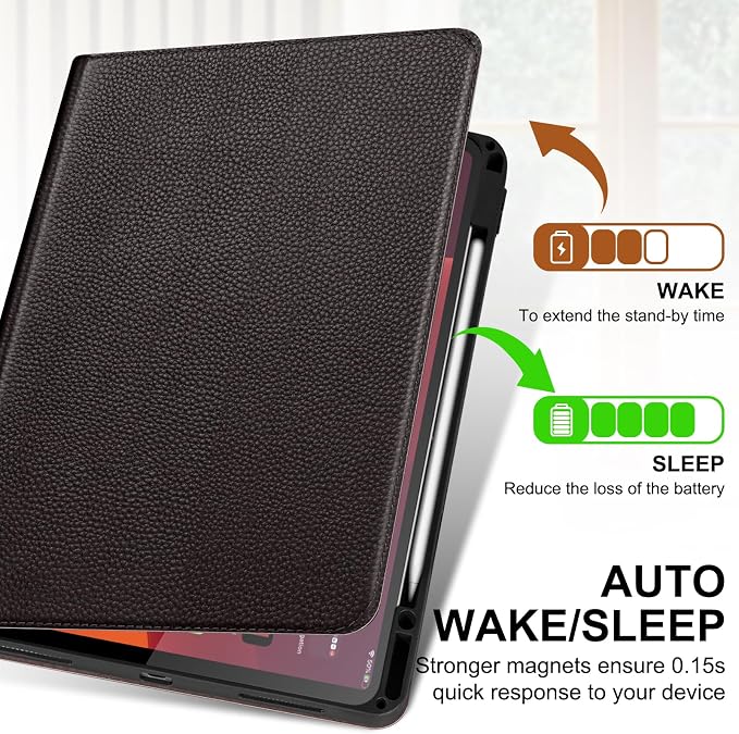 Genuine Leather Case for iPad 11th Gen 11/10th Gen 10.9 Black | Pencil Holder Adjustable Stand Auto Wake/Sleep Shockproof