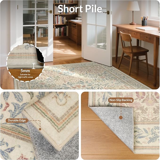 GENIMO 5x7 Washable Area Rug, Non-Slip Vintage Boho Floral Carpet, Soft Low-Pile Thin Bedroom Rug for Living Room, Dining Room, Nursery, Beige Pink