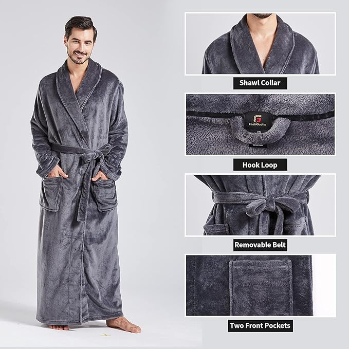 FashGudim Mens Robes Big and Tall Full Length Plush Fleece Long Robe for Men Bathrobe Shawl Collar Warm Winter House Robes