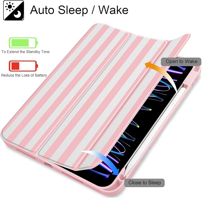 May Chen Case for iPad 12.9 Inch (6th/5th/4th/3rd Generation 2022/2021/2020/2018) Pencel Holder + Trifold Support Auto Sleep/Wake Transparent Shockproof Back Cover Blue Bows