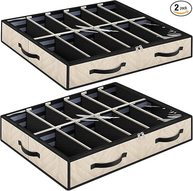 Under Bed Shoe Storage, Set of 2, Sturdy Sidewalls, Adjustable Dividers, Reinforced Handle, Sturdy Zipper, Bottom with Panel Structure, Beige