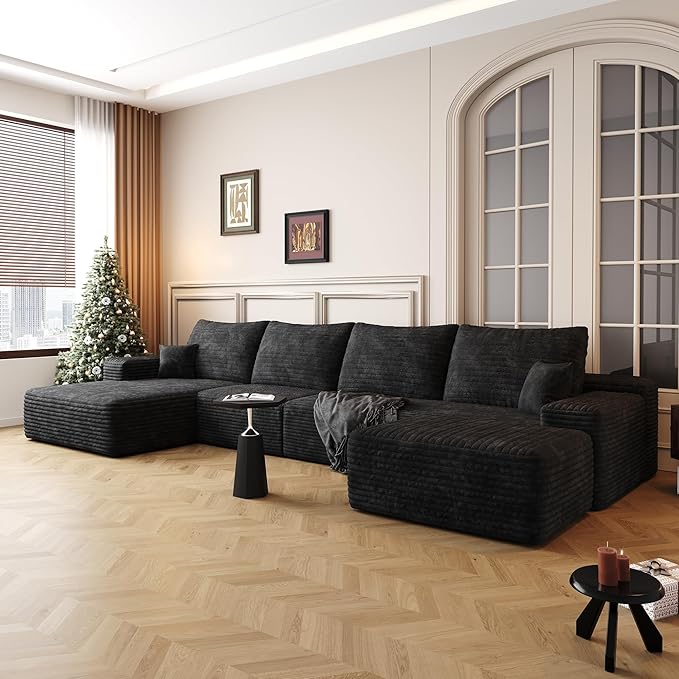 136" Sectional Couches for Living Room Modern Modular Sofa with L-Shape Couchs Upholstered Boneless Couch Deep Seat Sectional Couch with Chaise (Black, Left Facing Chaise+3Seaters+Ottoman)