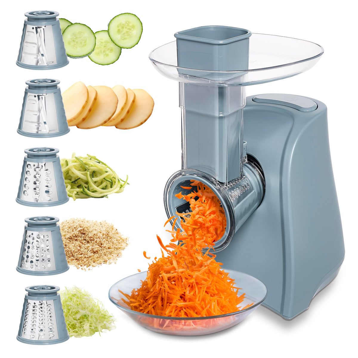 COOK WITH COLOR 5-in-1 Electric Slicer, 150W Food Prep Machine – Parmesan Shredder, Fine & Coarse Graters, Potato Grater, Vegetable Slicer, Compact Design for Bowl Prep, Blue/Grey