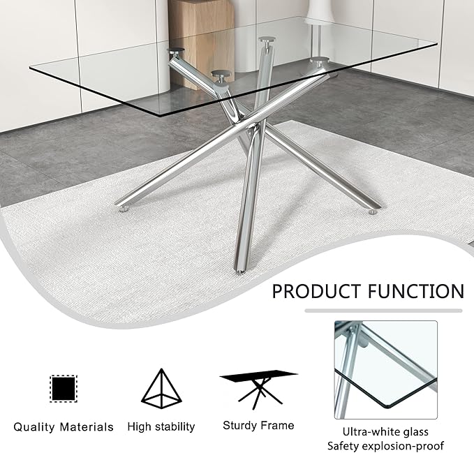 Modern Glass Dining Table for 6-8,Rectangular Glass Kitchen Table with Tempered Glass Tabletop and Silver Chrome Metal Legs for Kitchen Dining Room (Silver)
