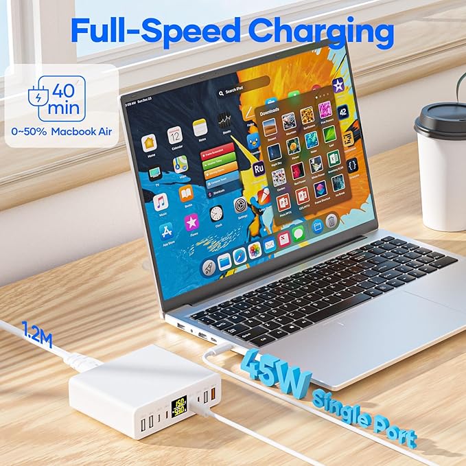 200W USB C Charger 8-Port with LED Display USB Charging Station | GaN Multiport Fast Charger Block PD QC 3.0 PPS USBC Charging Hub Compatible with iPhone Samsung Mac Laptop Pad Matte White
