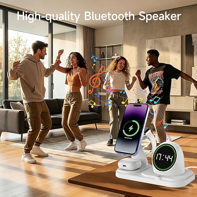 6-in-1 Wireless Charging Station with 30W Fast Adapter RGB Ambient Light Digital Clock &amp Bluetooth Speaker Multi-Function Desktop Charger for Wireless Charging Phones Earbuds &amp Watch