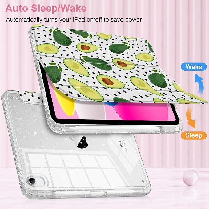 MEEgoodo Case for iPad A16 11th Generation 2025/10th Generation 2022 Glitter Tablet Cases with Transparent Acrylic Back+Trifold Stand +Pencil Holder+Auto Wake/SleepAbstract Sun &amp Palm Tree