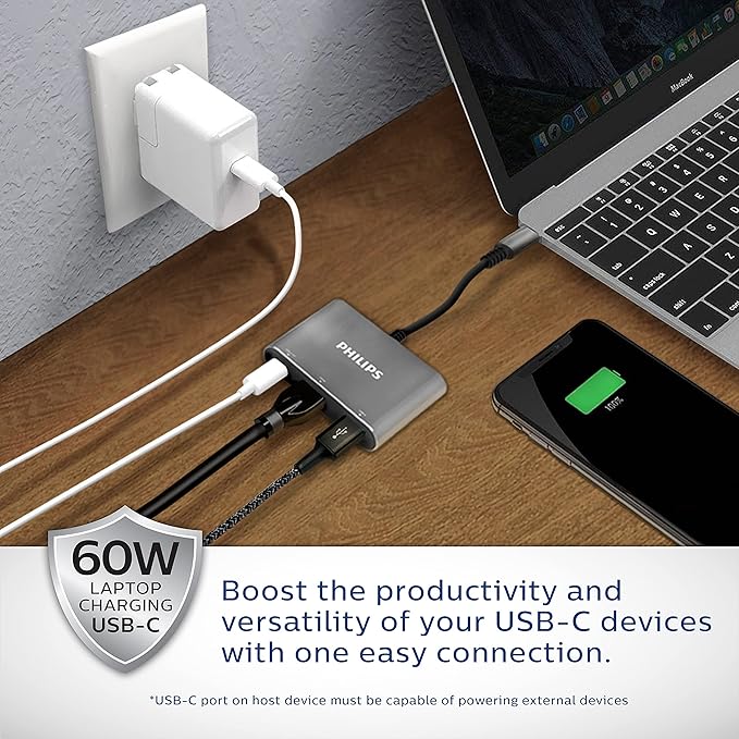 Philips USB C Hub to Multiport Adapter, 3 in 1 Power Pass Through, HDMI 4k@30Hz, 60W USB C Charging Port, 5Gbps USB 3.0 Port for MacBook Pro, MacBook Air, UCB C Laptop Docking Station, DLK9220C/27