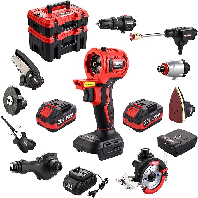 TEENO 20V MAX Power Tool Combo Kit, 10 Tool Cordless Power Tool Set with 2 Batteries, Charger, and Tool Box Included, Brushless Combo Kit for DIY, Home Improvement, and Yard Work