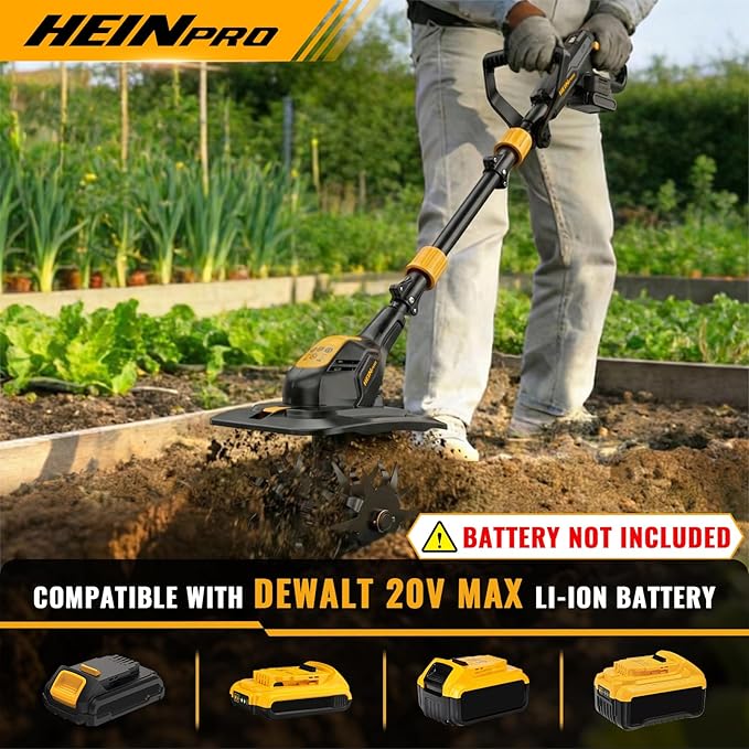 Cordless Tiller Cultivator Compatible with Dewalt 20V MAX Battery, 9In Tilling Width & 7In Depth Electric Tiller for Gardening, 360RPM Rototillers for Garden Cultivator (Tool Only)