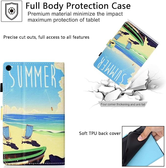 Kindle Fire HD 8 Tablet Case (8th/7th/6th Generation)Smart Stand Synthetic Leather Cover with Auto Wake/Sleep [Card &amp Pencil Holder] for 8 Amazon Fire HD 8 (2018/2017/2016) Blue Sea Beach