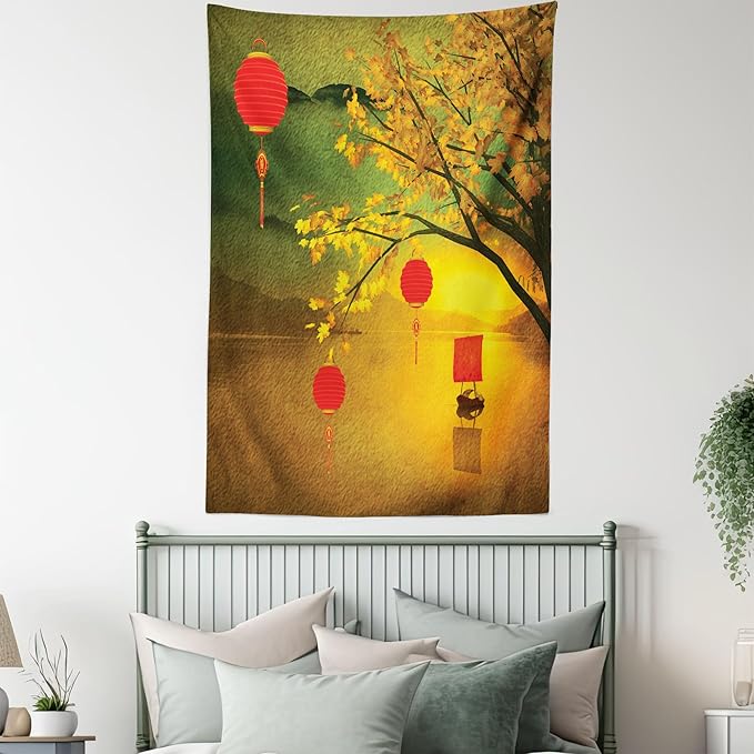 Ambesonne Oriental Tapestry, Traditional Chinese Folk Hanging from Pale Fall Trees Lake Faded Nature Photo, Fabric Wall Hanging Decor for Bedroom Living Room Dorm, 23" X 28", Yellow Green