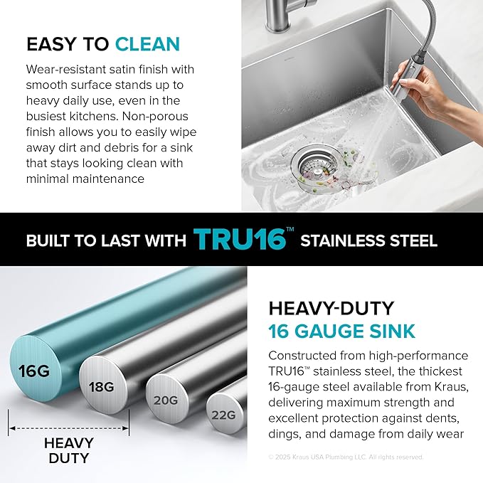 KRAUS Standard PRO 23-Inch 16 Gauge Undermount Single Bowl Stainless Steel Kitchen Sink, KHU101-23