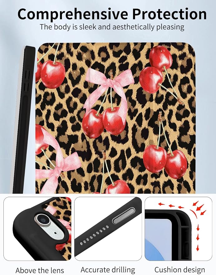 Case for iPad 9th/ 8th/ 7th Generation Case 10.2&amp10.5 Inch (2021/2020/2019 Release) Slim Lightweight Soft Trifold Back Cover with Pencil Holder &amp Auto Sleep/Wake Cover Cherries Cheetah Bows