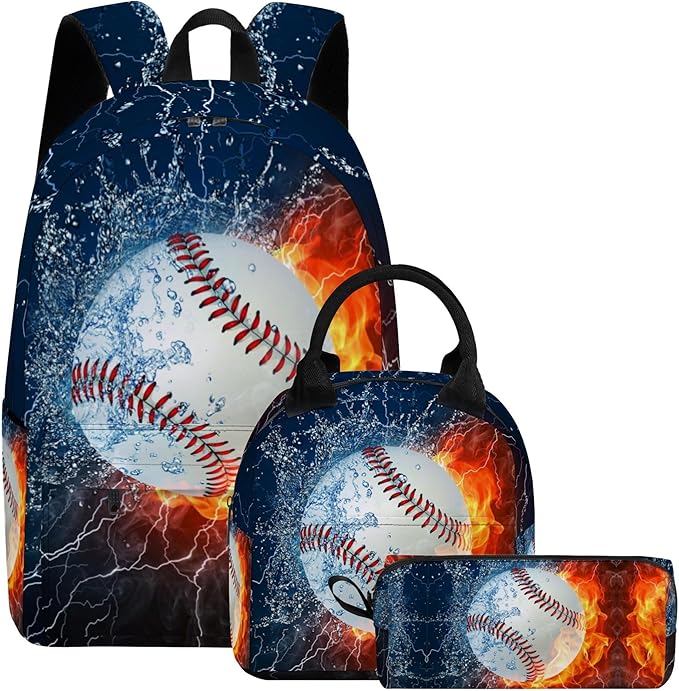 3PCS Backpack for Boys Girls, Kids Baseball Back to School Backpack Sets with Lunch Bag Pencil Case, 17 Inch Lightweight Bookpack 3 in 1 Set for Teens Elementary Middle High School Students